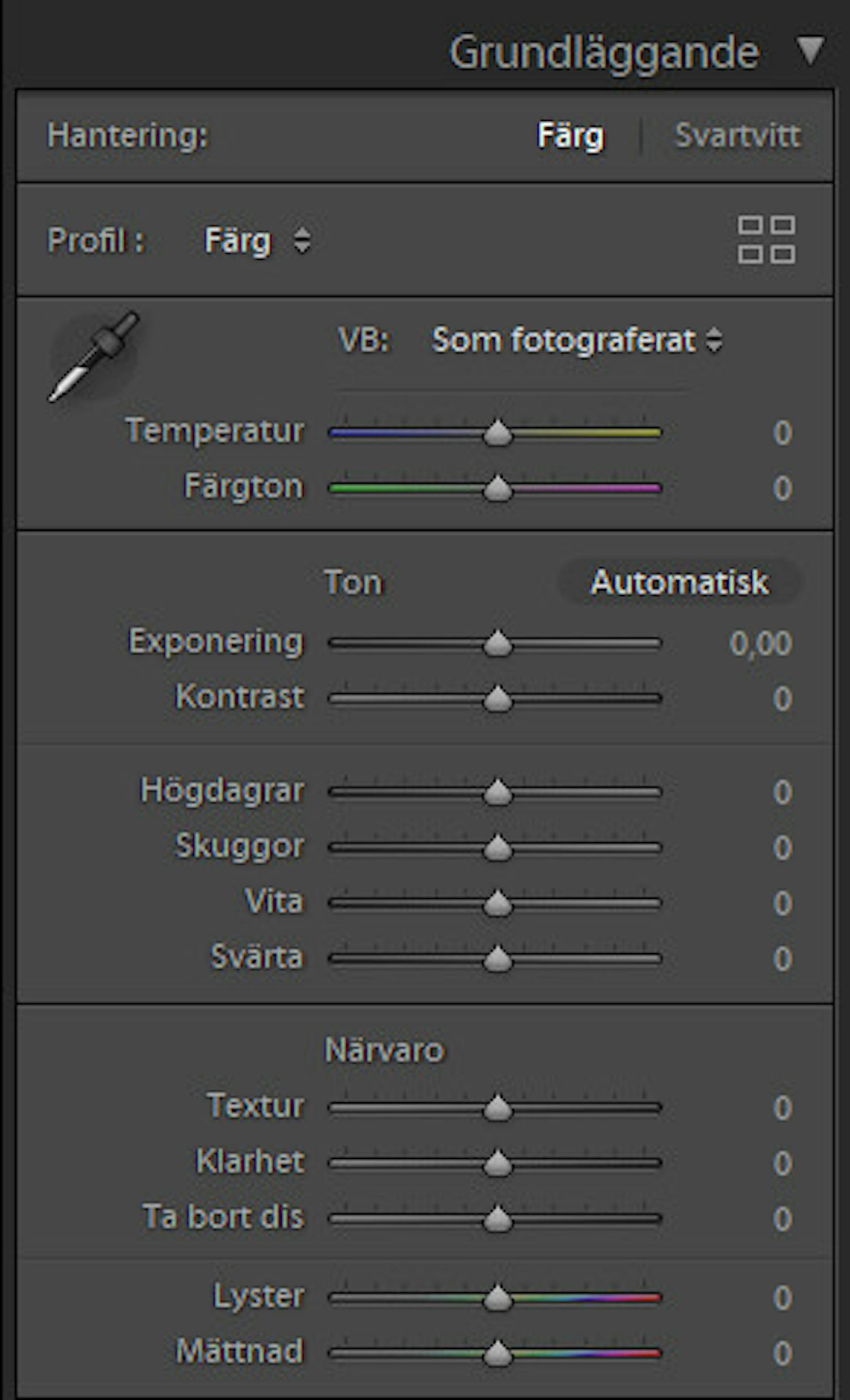 Panelen Grundläggande i Lightroom